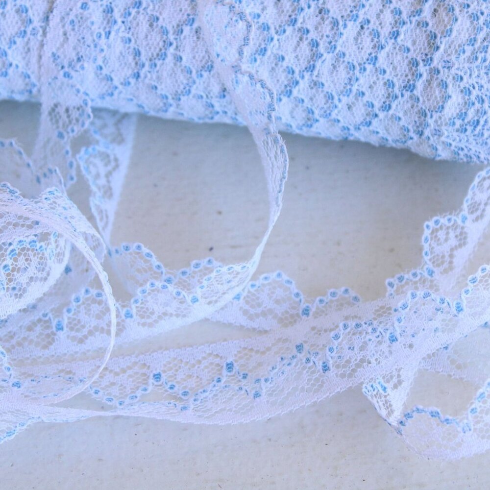 Vintage Lace Trim, White and Blue,  7/16" wide 2 yards
